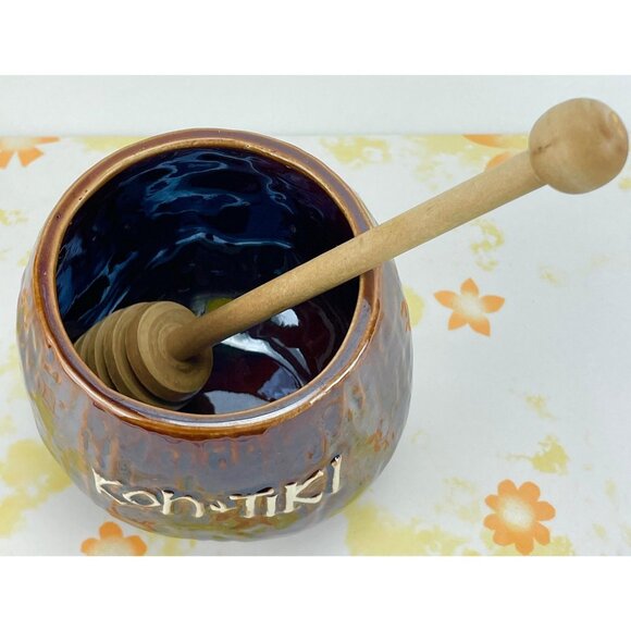 Vintage 60s honey jar, Kon Tiki pottery with wooden spoon, no lid - Picture 6 of 9